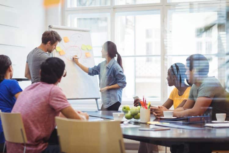 Business executives discussing with their colleagues on whiteboard during meeting at office - Picture being used for a blog about Newswire helping tech CEOs earn media mentions.