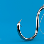 Picture of a metal fish hook with a fishing line on a blue background. Image is used for a Newswire blog post about attention-grabbing news hooks.